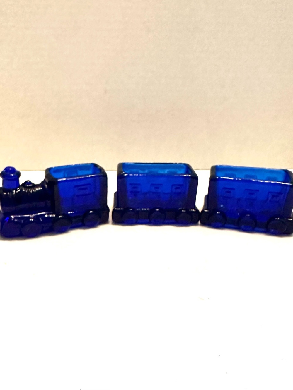 Vintage Cobalt Blue Glass Train Figurine Decorative Condiment Dishes Vase Accent